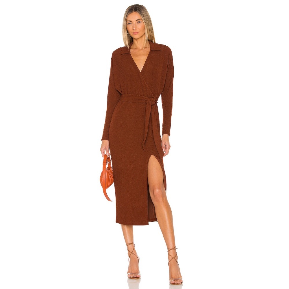 Saylor Natalie Midi Dress Rust Collared Ribbed Knit